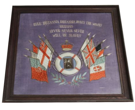 A WWI naval silk embroidery emblazoned with the words 'Rule Britannia, Britannia Rules the Waves, Britons Never Never Never W