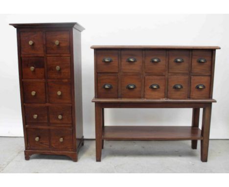 A contemporary mahogany ten-drawer haberdashery chest with lower shelf to block supports, 91 x 86cm and a similar mahogany ta