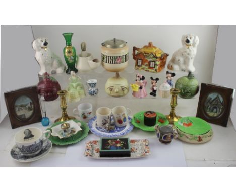 A quantity of ceramics to include Carltonware cabbage pattern dishes, a small Wade dog, a vintage cottage teapot, brass candl