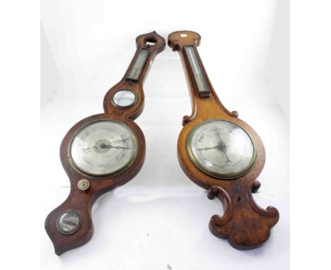 A 19th century rosewood banjo barometer/thermometer with painted decoration and central lenticule mirror (af) and a similar o