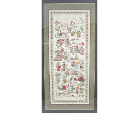 A contemporary Oriental embroidered silk panel decorated with figures, flora and character marks within a floral border, 64 x