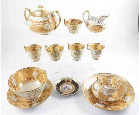 A 19th century salmon and gilt part tea and coffee set, possibly Ridgway, including sugar bowl, milk jug, tea cups, coffee cu