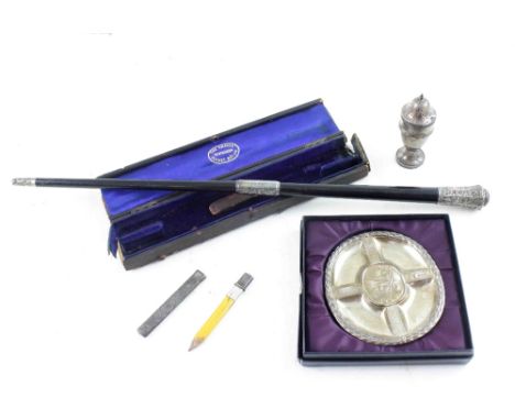 An unusual mixed lot of silver to include a silver mounted ebonised hickory 'The Handy Pocket Baton' conductors' wand, in two