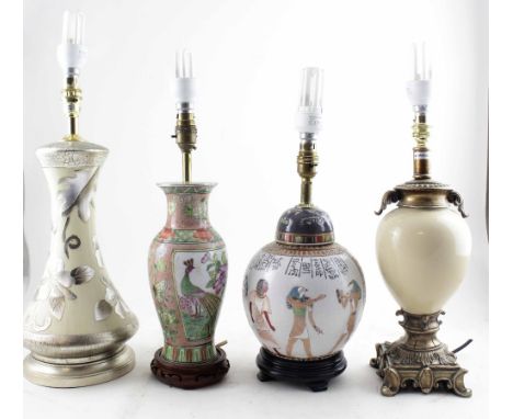 Four decorative table lamps to include two baluster examples, one in the Chinese Famille Rose palette and one Egyptian-style 