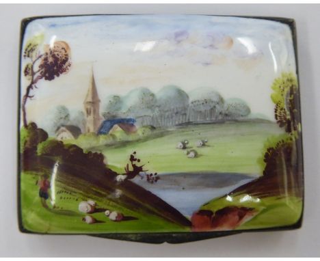 A late 18th/early 19thC enamelled trinket box lid, decorated with figures, in a pastoral landscape           CS