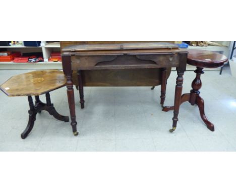 19thC and later small furniture: to include a Victorian style mahogany pedestal wine table, raised on splayed tripod base  24