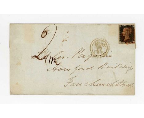 Great Britain 1841 (Nov 5th) 1d black plate 1B (O.B.) with variety NE of one joined four margins, red Maltese Cross to London