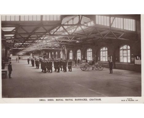 A collection of 31 postcards of naval interest, including a photographic postcard titled ‘Drill Shed, Royal Naval Barracks, C