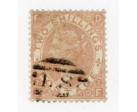 Great Britain 1880 2 shillings brown used stamp light postmark, but possible repair at top.