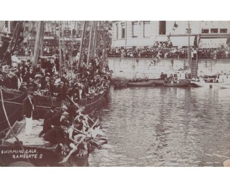 A collection of approximately 104 postcards of Kent, including photographic postcards titled ‘Swimming Gala Ramsgate’, ‘The F