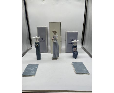 Boxed Lladro - Prayerful Moment Nun, Boxed NAO - My Little Bouquet, and Boxed Lladro - Time To Sew Nun. 
Good condition, no d