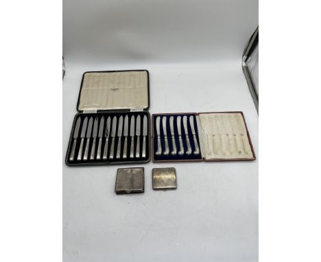 Hallmarked Silver Cased Knife Sets along with Two Cigarette Cases. 