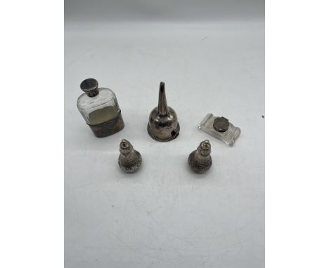Hallmarked Silver Hip Flask, Wine Funnel, Inkwell, and Salt and Pepper Shakers. 