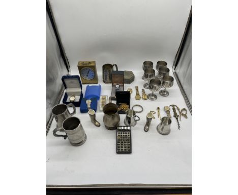 Assorted Lot to include Two Rotary Watches, Seiko, Set of Six Goblets, 1pewter Mugs, and others. 