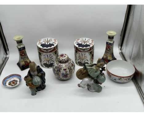 Assorted Lot to include Pair of Oriental Style Tea and Coffee Pots, Pair of Satsuma Ceramic Candle Sticks, Quinlong Porcelain