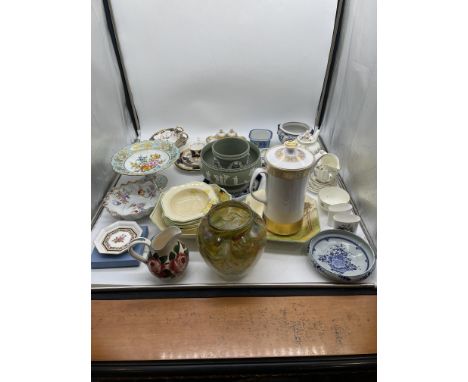 Assorted Porcelain and Ceramics o include Wedgewood Green Jasperware, Wedgewood Electric Coffee Pot and others. 