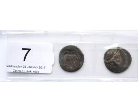 Roman Imperial, Julius Caesar, 2 x Silver Denarii comprising: (1) obv elephant trampling on snake, CAESAR in ex, rev. no lege