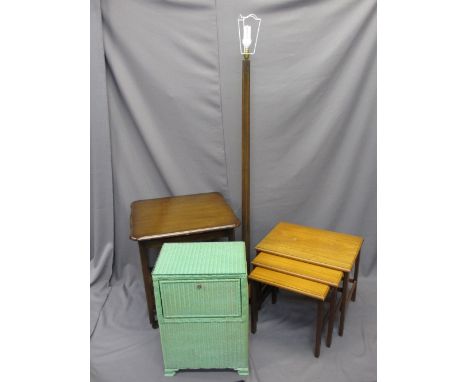 VINTAGE FURNITURE, a parcel to include a Lloyd Loom type linen basket, set of three occasional tables, two tier trolley and a