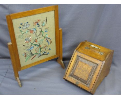 LATE VICTORIAN POLLARD OAK COAL BOX and a needlework panel firescreen