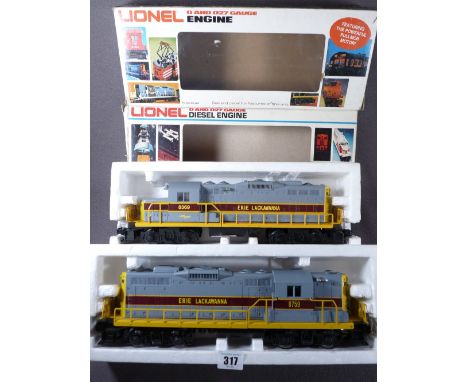 LIONEL ELECTRIC TRAINS O'GAUGE - two boxed Erie Lackawanna diesel engines, GP-9 and GP-20
