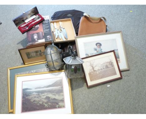 LEADED &amp; STAINED GLASS OUTDOOR LAMP, quantity of prints, cutlery, holdalls ETC