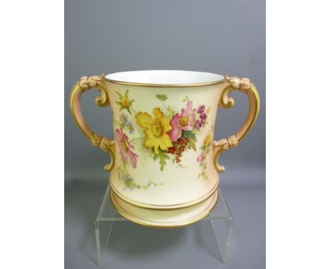 ROYAL WORCESTER - substantial twin-handled blush tankard shaped vase, 1892, 15cms height NOTE:  INTENDING PURCHASERS MAY WISH