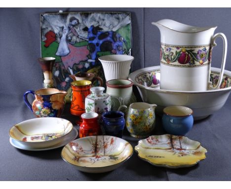 MODERN POOLE, milk glass items, trio of Royal Doulton hunting scene china items, Petra hand painted porcelain tray and simila