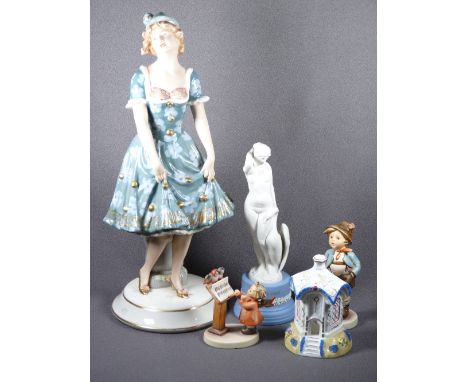 GOEBEL - two figures, Coalport 'The Joll House', boxed Wedgwood Jasperware figurine 'Leda and the Swan' and a tall Royal Dux 