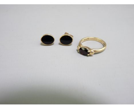 9CT GOLD BLACK STONE SET RING and a pair of similarly styled earrings, 4.8grms gross, ring size Mid K-L