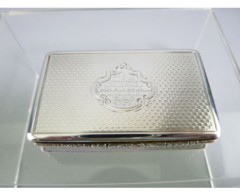 RECTANGULAR SILVER SNUFF BOX, Birmingham 1849, Maker Edward Smith, 2.8 troy ozs, gilt interior and all-over exterior engine t