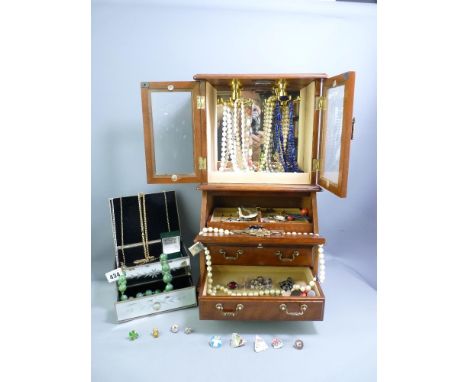 VINTAGE &amp; OTHER COSTUME JEWELLERY in a bureau type jewellery box to include a set of nephrite jade beads with a 9ct gold 