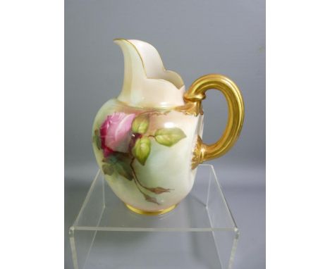 ROYAL WORCESTER - glazed flat-back jug with scuttle spout and gilt handle and finely painted roses by Ambrose Hood,1908,16cms