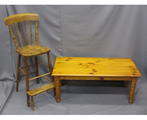 VINTAGE HIGH CHAIR with step base and a modern pine rectangular coffee table, various measurements