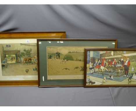 THREE CECIL ALDIN PRINTS - colourful hunting print entitled 'The First', 34 x 62cms, coaching and stabling scene entitled 'Ol