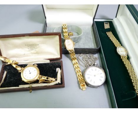 CHESTER 9CT GOLD CASED LADY'S WRIST WATCH and two others marked Rotary and Seiko and a continental white metal fob watch on c