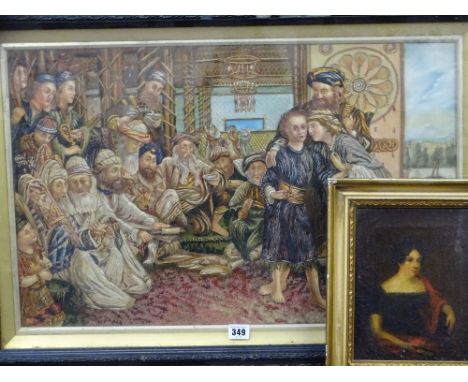 UNUSUAL &amp; INTERESTING TAPESTRY DIORAMA interior scene with 16 figures, 40 x 66cms and possibly continental school, oil on