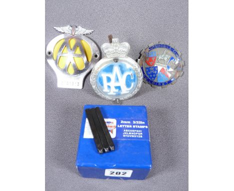 MOTORING MEMORABILIA - AA, RAC and Automobile-Club Du Loiret grill badges (3) and boxed letter stamp set