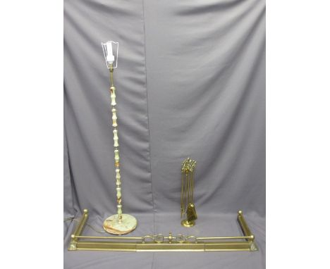 VINTAGE BRASS FIRE CURB, a set of fire irons with an onyx and metal standard lamp with shade