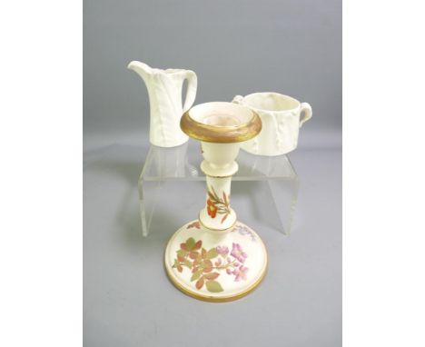 ROYAL WORCESTER - a leaf bodied plain white cream jug and twin handled circular sugar basin, 1921 and a circular based floral