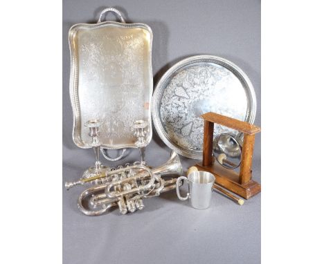 ELECTROPLATE - two galleried trays, a pair of loaded candle holders, tankard, gong and a cornet musical instrument