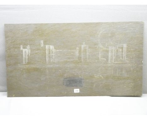 SLATE PANEL with sketch of Caernarfon Castle, 46 x 84cms
