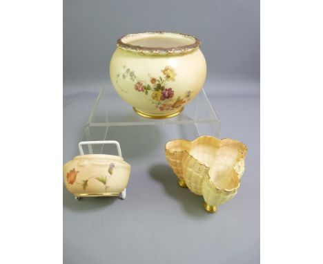 ROYAL WORCESTER - a circular floral decorated blush bowl, 1894, 8cms height, 11.5cms diameter, a blush basket weave small bow