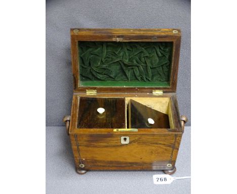 VICTORIAN ROSEWOOD &amp; MOTHER OF PEARL INLAID TEA CADDY, sarcophagus form with turned ring handles and bun feet, 15cms H, 2
