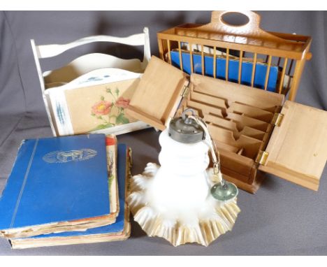 RETRO WOODEN MAGAZINE RACKS, stationery box, vintage lamp shade and old bound editions of Treasure Magazine ETC
