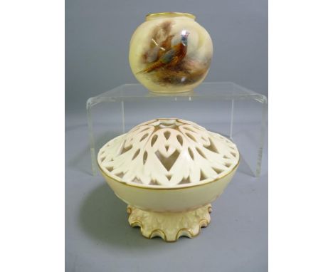 ROYAL WORCESTER - a small blush bowl with two painted pheasants in a landscape, signed by James Stinton, dated from 1913, 7.5