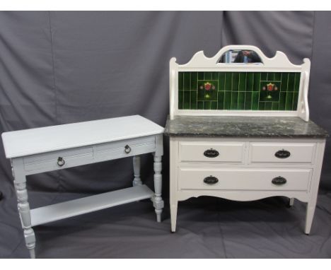 VINTAGE PAINTED BEDROOM FURNITURE including a marble top tile back chest and a two drawer wash stand with pot shelf, 131cms H