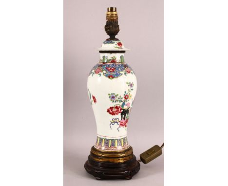 A 19TH / 20TH CENTURY CHINESE FAMILLE ROSE PORCELAIN LAMP VASE &amp; COVER - yongzheng style decoration, mounted for a lamp (