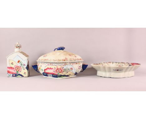 A CHINESE FAMILLE ROSE TWO HANDLED PORCELAIN SERVING DISH AND COVER, together with a lobed pedestal dish and tea caddy, servi