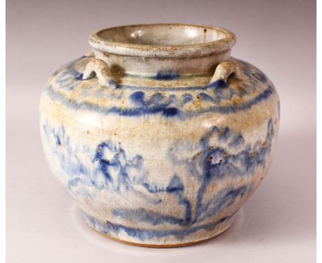 AN 18TH / 19TH CENTURY CHINESE BLUE &amp; WHITE PORCELAIN JAR - with colbalt blue scroll decoration with four moulded handles