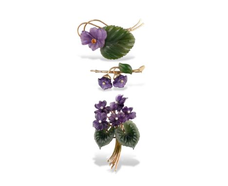 Konvolut: 3 Broschen14 kt Gold Gold, Amethyst &amp; CalcedonLänge 7 cm, 6,4 cm, 4,7 cmGewicht 45,2 g